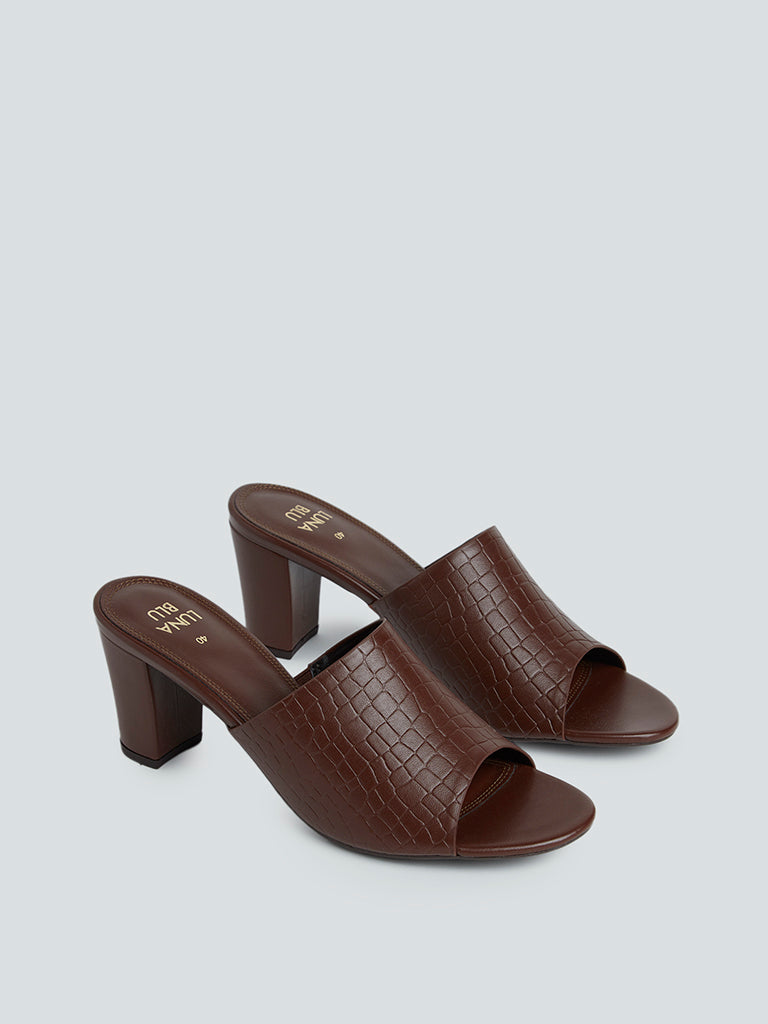 LUNA BLU Brown Peep Toe Block Heel Sandals